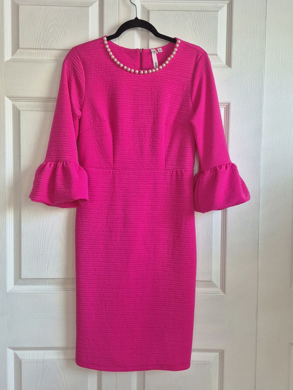 NY Collection Hot Pink Pearl-Trim 3/4 Bell Sleeve Sheath Dress Sz M